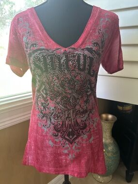 SINFUL Studded Graphic V-Neck Women's Top